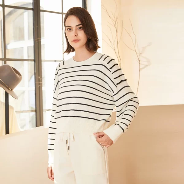 BC-200 Striped Sequined Batwing Sleeved Loose 2/26NM 7GG 100% Merino Wool Clothes Knit woolen Tops For Women's Sweaters - Image 2