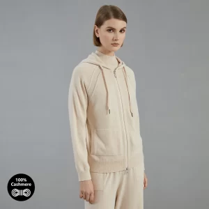 BC727 High Quality Luxury Women's Clothing 100% Cashmere Knit hooded Sweater Zip Cardigan