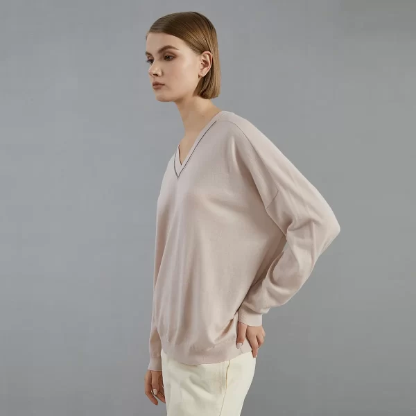 BC715 100% Merino Wool V Neck Loose thin Knit pullover Sweater High Quality Luxury Brand Womens clothing - Image 5