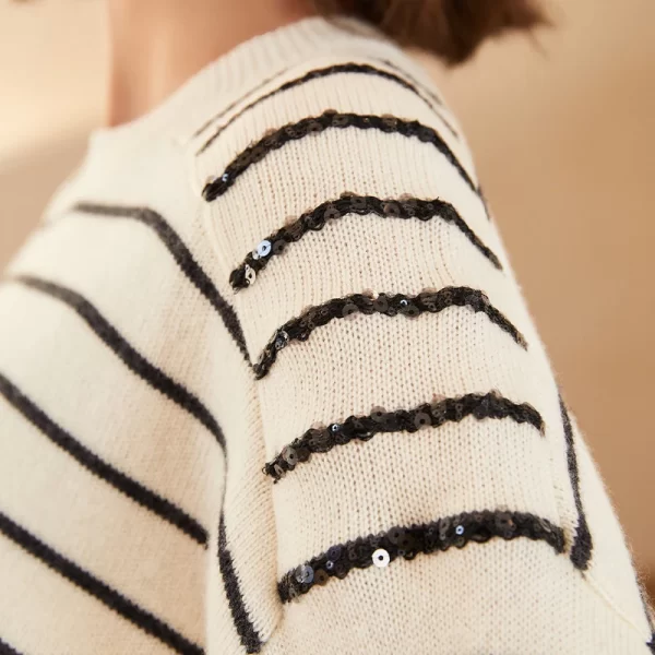 BC-200 Striped Sequined Batwing Sleeved Loose 2/26NM 7GG 100% Merino Wool Clothes Knit woolen Tops For Women's Sweaters - Image 6