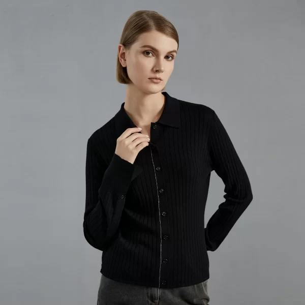 BC695 Autumn thin long-sleeved knitted cardigan luxury brand women's 100% merino wool sweater polo shirts - Image 4