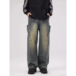 Men's Jeans Autumn and Winter American Style Baggy Casual Straight Pants Multi Pockets Make Old Big Size Trousers for Men