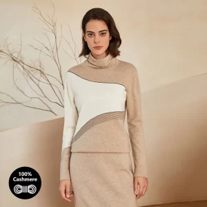 1713 Contrast Color Long Sleeve 12GG 100% Cashmere Turtle Neck Top Knitted Women's Sweaters Clothes luxury Clothing