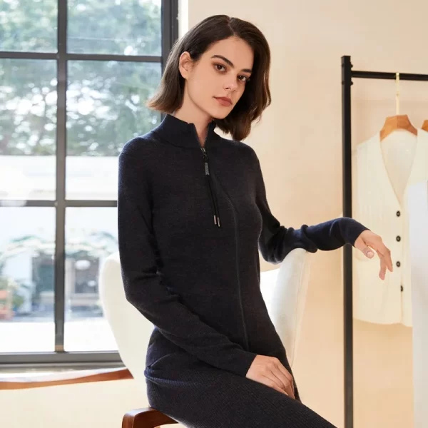 BC-253 Autumn Winter Zipper Half High Collar Knitted Cardigan Women's Top 100% Merino Wool Clothes Coat Sweater Women - Image 4