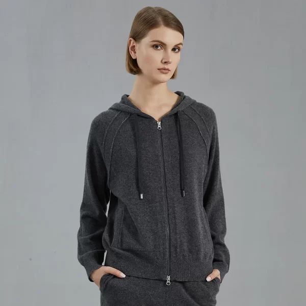 BC727 High Quality Luxury Women's Clothing 100% Cashmere Knit hooded Sweater Zip Cardigan - Image 5